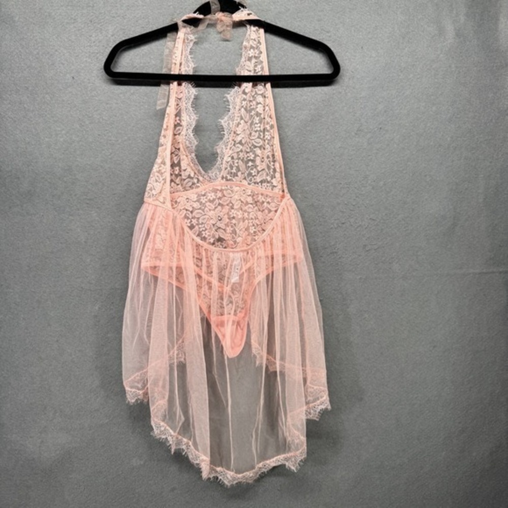 Dreamgirl O/S Halter Plunge Lace Teddy with Attached Flyaway Skirt Pink‎ 11513 - Picture 4 of 11